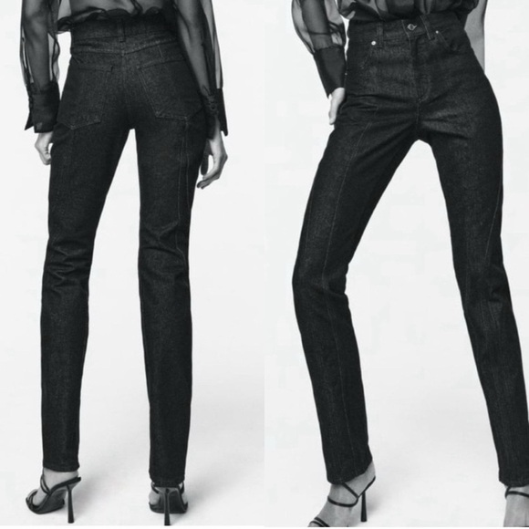 NWT ZARA The Panelled Slim Black Denim Pants Sz 40 - Picture 1 of 7